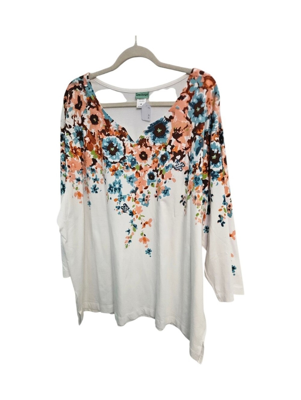 Sundry White Floral V‑Neck Long Sleeve Top with Coral & Teal Accents
